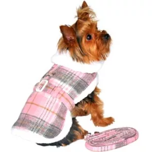 Pink Plaid with White Fur Collar Dog Coat