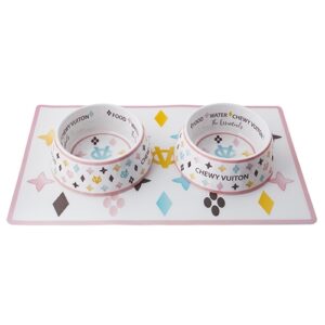 Chewy Vuiton Dog Bowls and Placemat