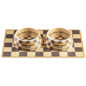 Checker Chewy Vuiton Dog Bowls and Mat