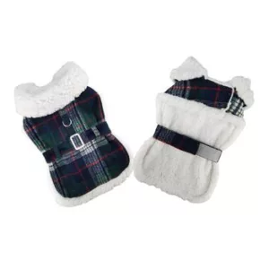 Blue and Green Plaid with White Fur Collar Dog Coat